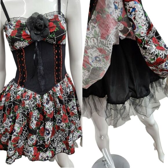Lip Service Skulls & Roses Dress Up Costume Cosplay Mini Dress Size M - Picture 6 of 13